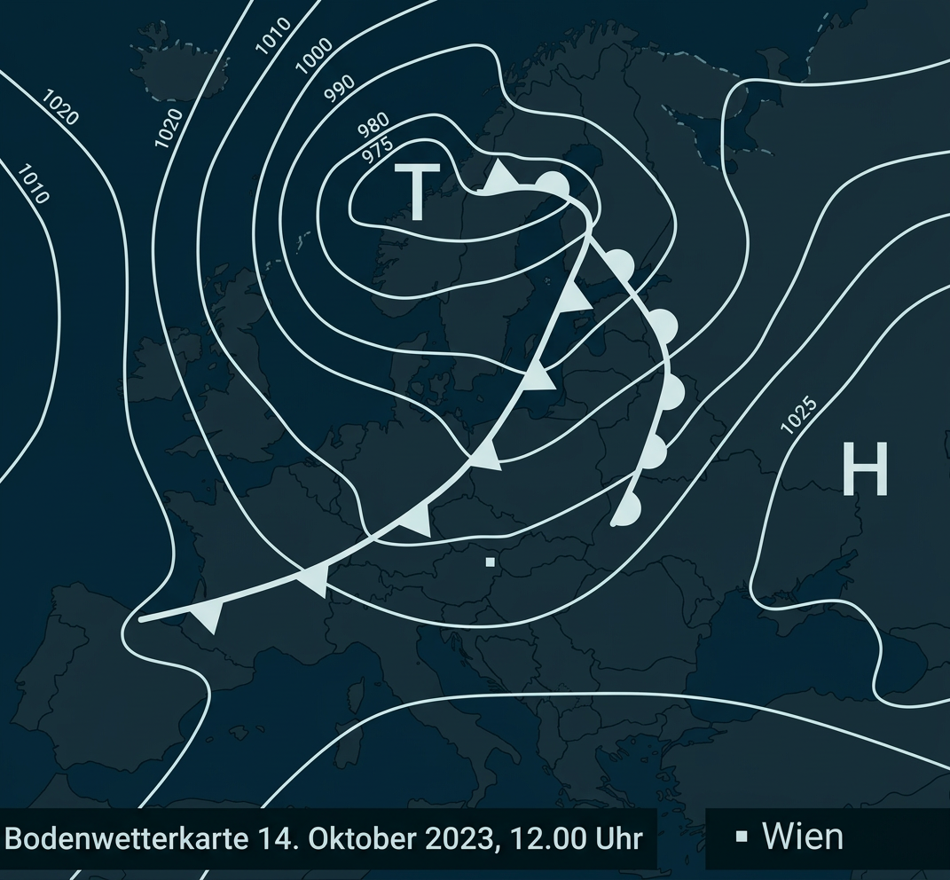 Wetterkarte mit Tiefdruckzentrum und Hochdruckfront über Europa.